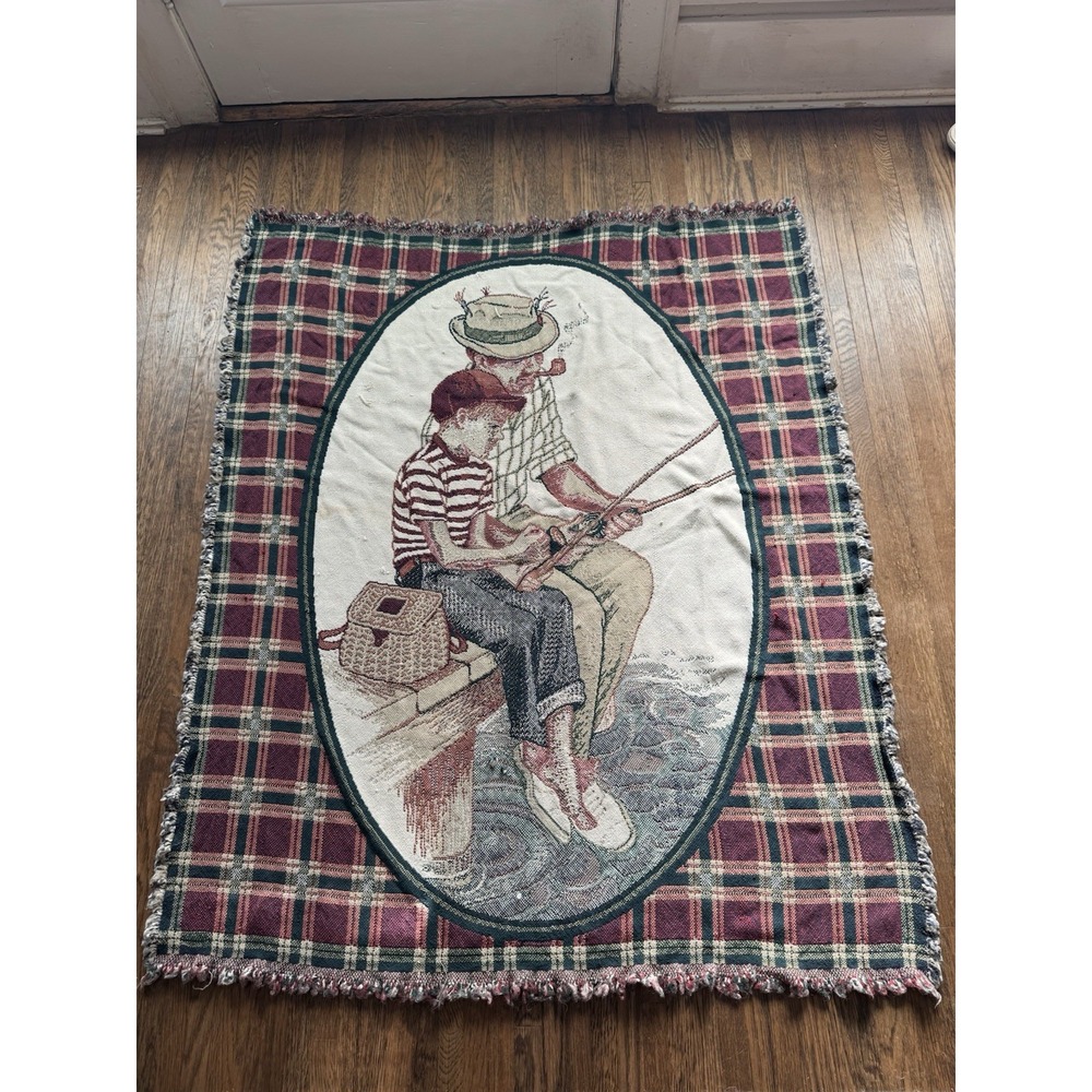 Vintage Woven Tapestry Throw Blanket Fishing Father Son Plaid Border Lodge 48X68